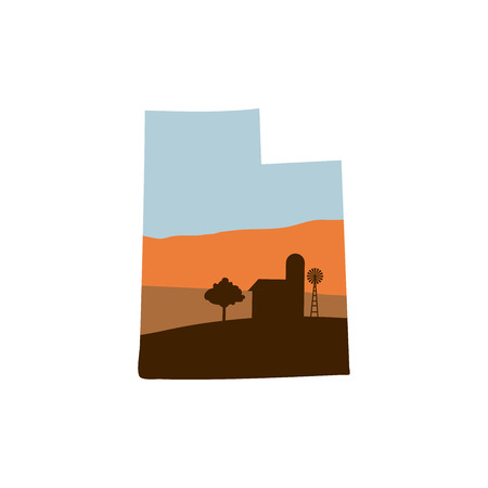 Utah state shape icon with sunset colors and barn illustration.のイラスト素材