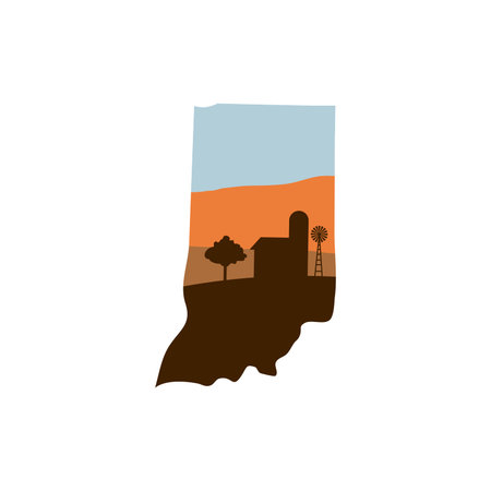 Indiana State Shape w Farm at Sunset with Windmill, Barn, and a Treeのイラスト素材