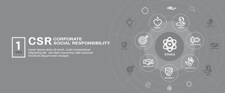 CSR-Social Responsibility Web Banner Icon Set & Web Header Banner w Honesty, integrity, collaboration, etc