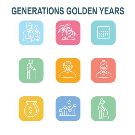 Generations: Golden Years Icon Set with retirement calendar , money, etcのイラスト素材