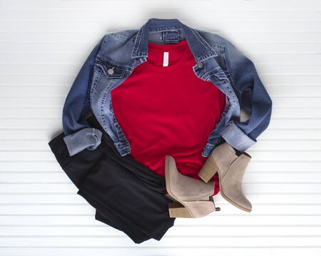 Red tee mockup - cold weather fall tshirt w cotton balls, boots and jeansの写真素材