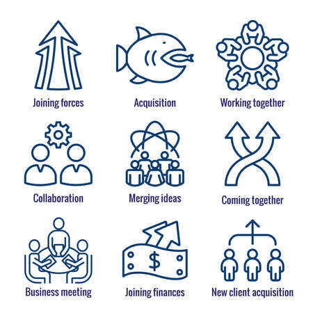 Companies merging together, one buying out the other & icon set bannerのイラスト素材