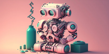 3d rendering of a robot with a camera and lenses in pink backgroundの素材