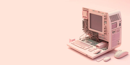 3D rendering of a pink desktop computer with a keyboard and mouseの素材