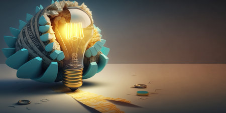 Idea concept with light bulb and money. 3D illustration.の素材