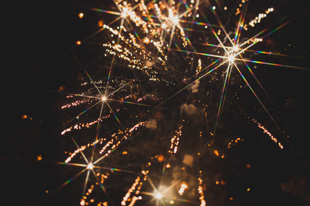 Fireworks in night sky with evergreen trees silhouetted in foreground.の写真素材