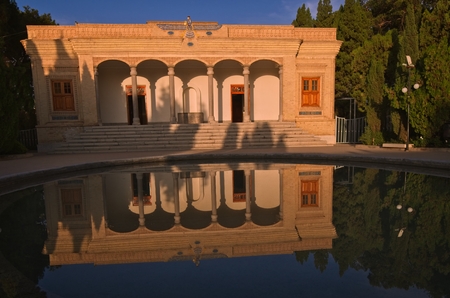 Reflection of Fire Temple in Yazd at sunsetの写真素材