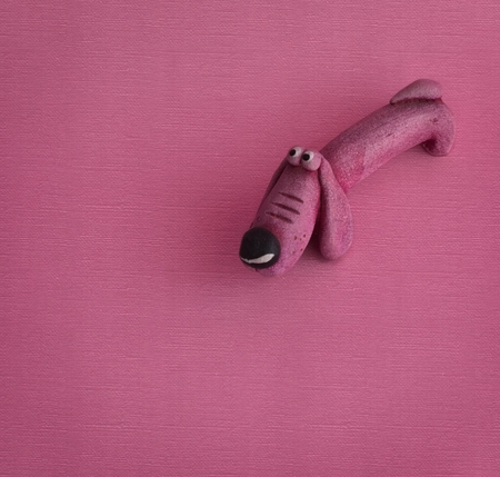 Pink dog on the pink pastel colored paper background. Flat lay. Minimal concept.の写真素材