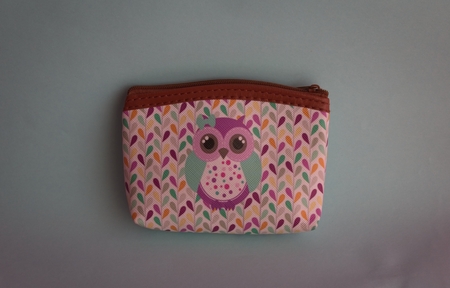 Colorful wallet with image of owl on the blue pastel colored paper background. Flat lay. Minimal concept.の写真素材