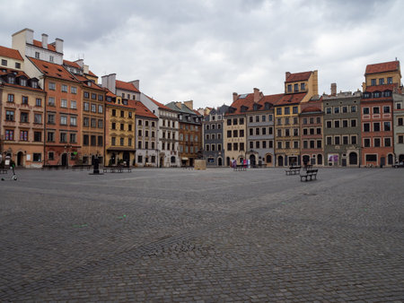 Warsaw/Poland. Streets of capital during coronavirus pandemic, usually very crowded with people or cars, now almost empty. Main square of Old Town.のeditorial素材