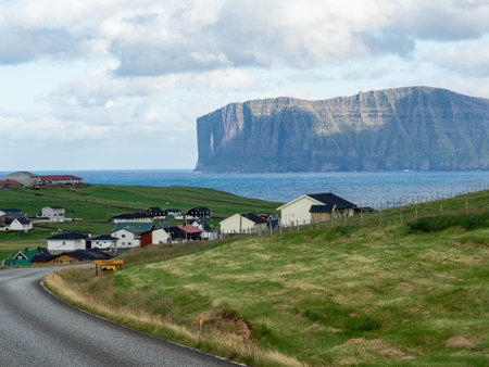 Faroe Islands, ViÃ°oy, ViÃ°areiÃ°i town. View from the road to the town.