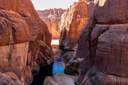 Guelta d'Archei waterhole near oasis, camels drinking the water, Ennedi Plateau, Chad, Africaの写真素材