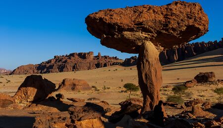 Sandstone towers in form of mushroom in the Ennedi desert of Chad, Africaの写真素材