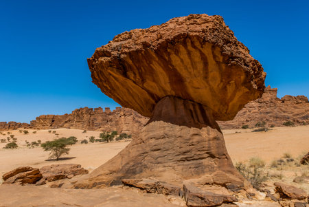 Sandstone towers in form of mushroom in the Ennedi desert of Chad, Africaの写真素材
