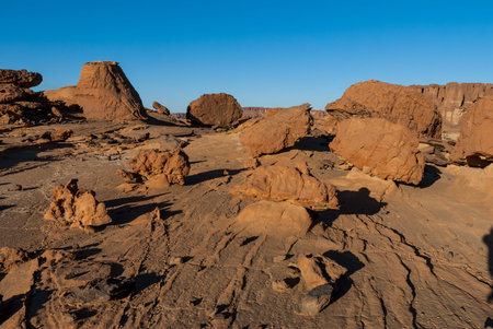 Sandstone towers in form of mushroom in the Ennedi desert of Chad, Africaの写真素材