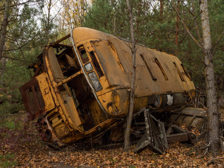 Scrap of a bus left after the Chernobyl disaster. Chernobyl Exclusion Zone, Ukraine.の写真素材