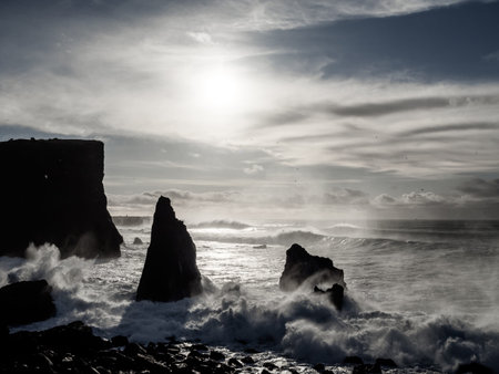 ValahnÃºkamÃ¶l, Iceland. The sun casts a golden glow over jagged sea stacks as waves crash...