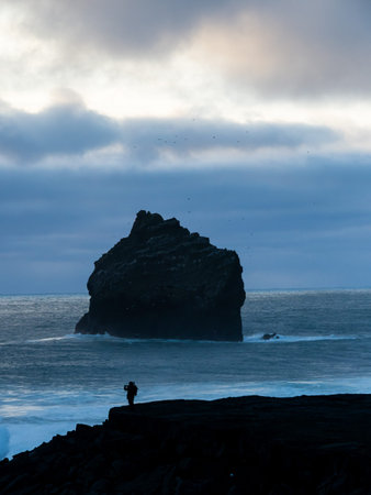 A lone traveler stands on a cliff facing a massive sea stack off ValahnÃºkamÃ¶l, Iceland, as...