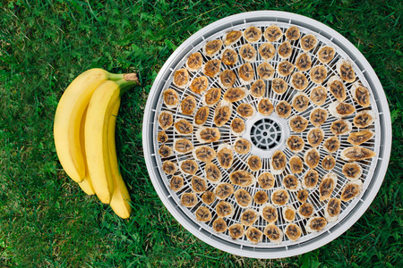 Homemade Dehydrated Bananas. Fresh and dried fruit. Drying is the way to preserve the useful properties. の写真素材