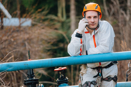 Industrial climber having a phone call with his smartphone. Professional workman using phoneの写真素材