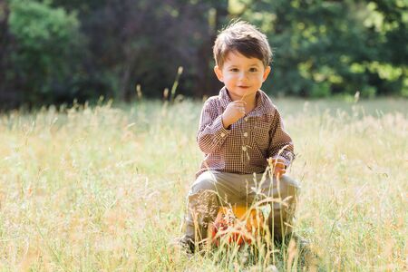 Cute little boy having fun in summer park. Happy child outdoorsの写真素材
