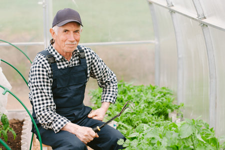 Smiling cheerful senior gardener  working in greenhouse. Old man in cap and overall cares for seedlingsの写真素材
