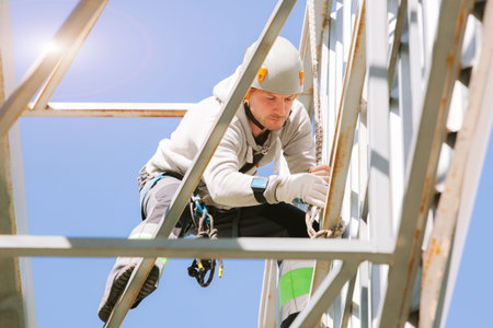 Industrial climber in helmet and overall working on height. Risky job. Professional workerの写真素材