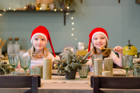 Two Happy cheerful Little girls in santa hat sitting at the festive table. Christmas time. Sisters having funの写真素材