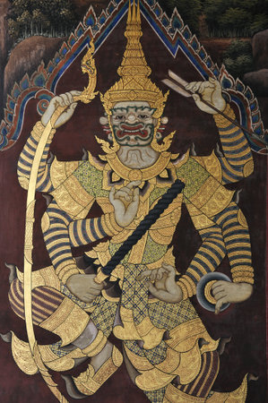 Beautiful Scene Painted on a Temple Wall at Grand Palaceの写真素材