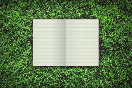 Empty open Notebook on background grassの写真素材