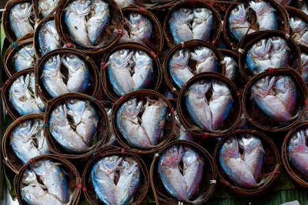 Mackerel Fish in Bamboo Basketの写真素材