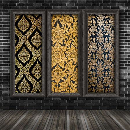 Old Wood frame with Thai art background on wallの写真素材