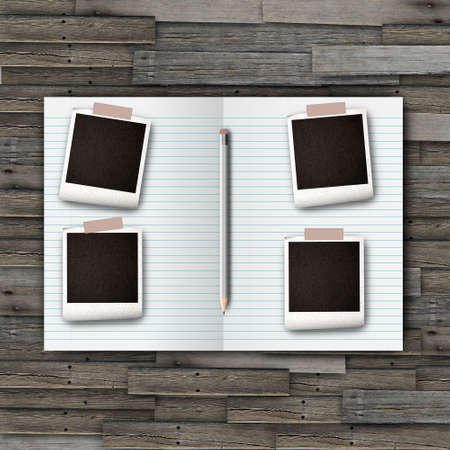 Instant photo pencil and notebook on wood backgroundの写真素材