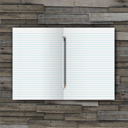 White open notebook and pencil on wood backgroundの写真素材