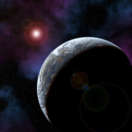 Planet earth with sunrise in space with nebula background