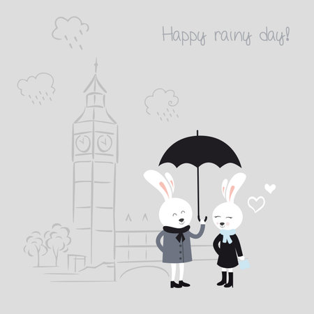 Cute bunnies with umbrella. Greeting card for Valentines Day.のイラスト素材