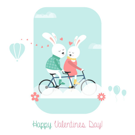 Cute bunnies on bicycle. Greeting card for Valentines Day.のイラスト素材