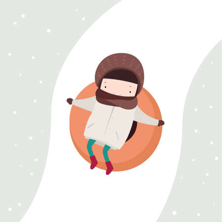 Vector cartoon illustration of little boy riding a snow tubeのイラスト素材