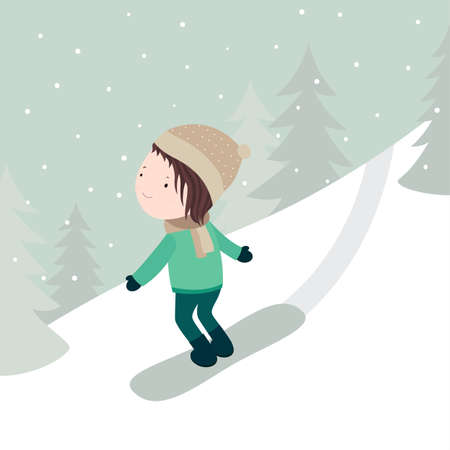 Vector cartoon illustration of little boy ride the mountain on a snowboardのイラスト素材