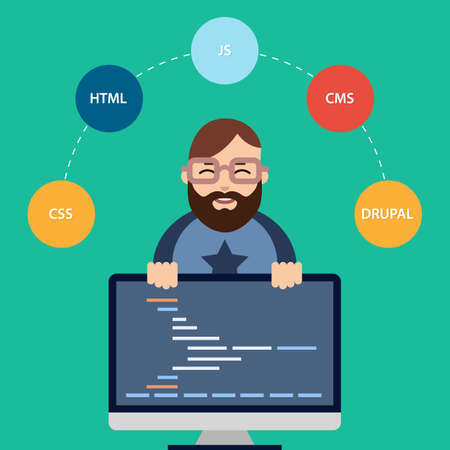 Vector Flat Illustration of Male Computer Programmer or Web Developer at his Workplace.のイラスト素材