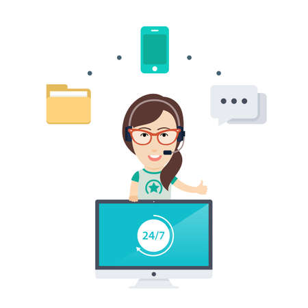 Vector Flat Illustration or Icon of a Pretty Smiling Call Center Girl wearing Glasses and a Headset Surrounded by Various Web Icons for Chat, Phone and FAQ.のイラスト素材