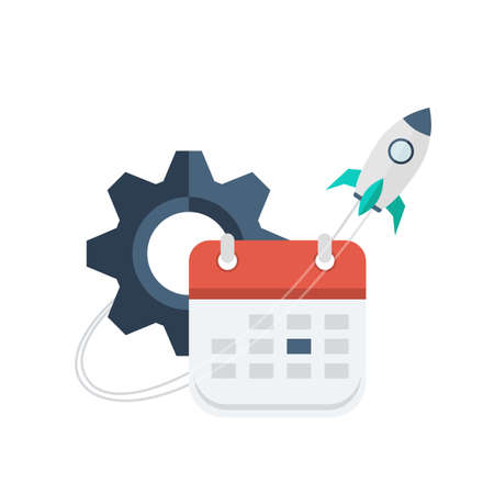 Space Rocket Flights over Calendar and Gear. Conceptual Vector Flat Illustration Depicting Regular Updates of Software or Application.のイラスト素材
