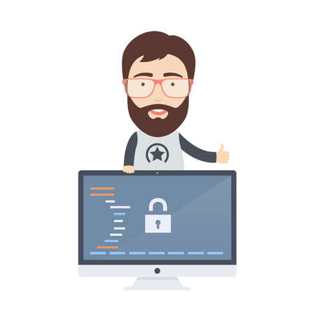 Vector Flat Illustration of a Cute Bearded Male Computer Programmer or Web Developer in Glasses.のイラスト素材