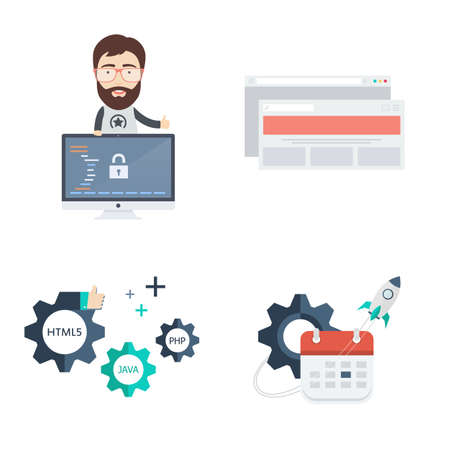 Set of Web Development Vector Icons and Illustrations. Includes Male Computer Programmer or Web Developer, Browser, Calendar and Gears.のイラスト素材