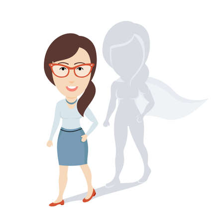 Conceptual Vector Illustration of Ordinary Business Woman or Female Office Worker with Superhero Shadow. Flat Cartoon Design.のイラスト素材