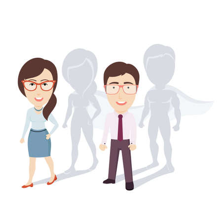 Conceptual Vector Illustration of Ordinary Businessman and Business Woman (Office Workers) with Superhero Shadows. Flat Cartoon Design.のイラスト素材