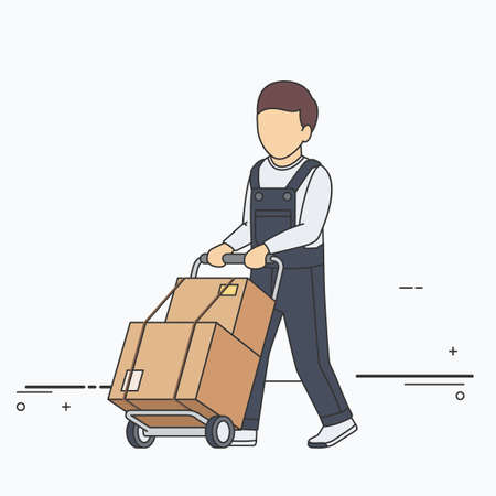 Vector Flat Illustration of Delivery Man with Boxes on Two Wheel Cart.のイラスト素材