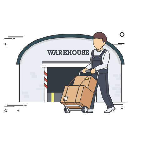 Vector Flat Illustration of Delivery Man with Boxes on Two Wheel Cart in front of Warehouse.のイラスト素材