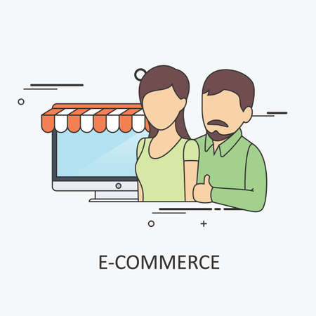 Conceptual Vector Illustration imaging Ecommerce Business. Man and Woman in front of Computer Monitor, which looks like Local Grocery Store.のイラスト素材