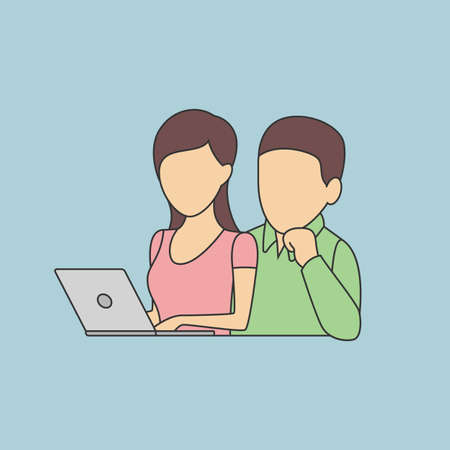 Man and Woman Sitting in front of the Laptop. Vector Illustration with Flat Design.のイラスト素材